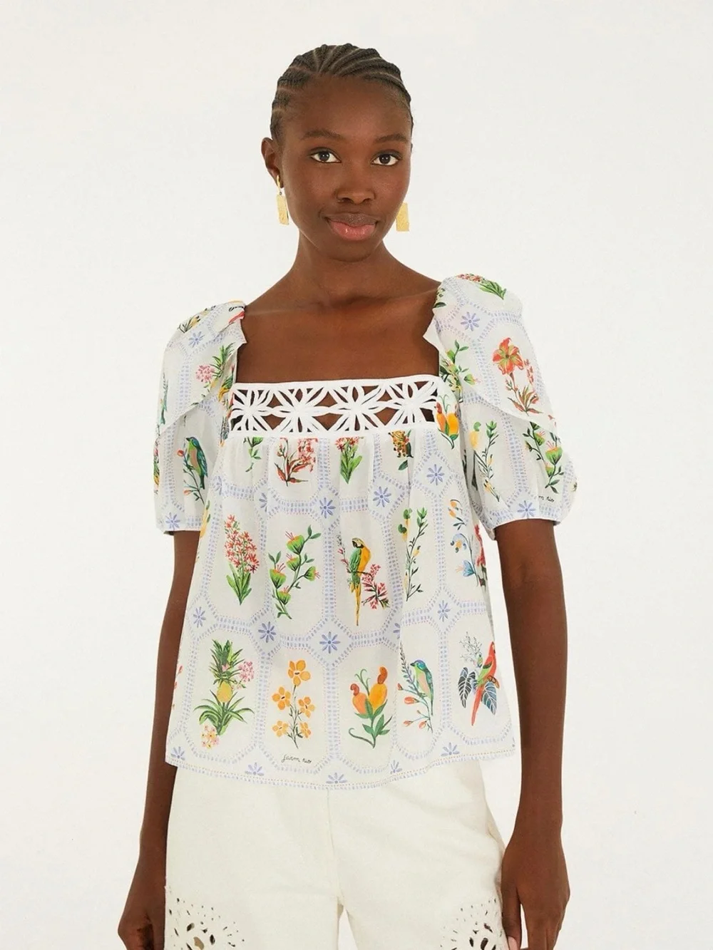 Floral Print Square Neck Puff Sleeve Top - White